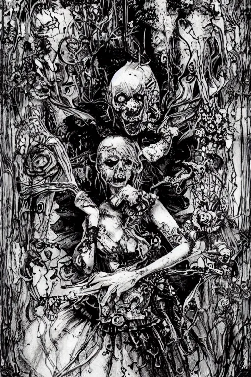 Image similar to zombie Alice in wonderland tarot card , pen and ink, intricate line drawings, by Yoshitaka Amano, Ruan Jia, Kentaro Miura, Artgerm, watercolor