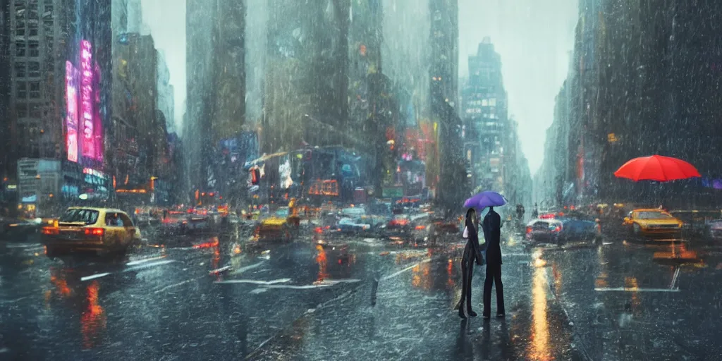 Image similar to a ultra photorealistic and sharp film still trough a raincovered window on a rainy but colourful day in new york. sparkling lights, people with umbrellas standing in the street, wide shot, frog perspective, wes anderson, studio ghibli, pixar and disney animation, octane render, anime key art by greg rutkowski, dramatic lighting, award winning photography