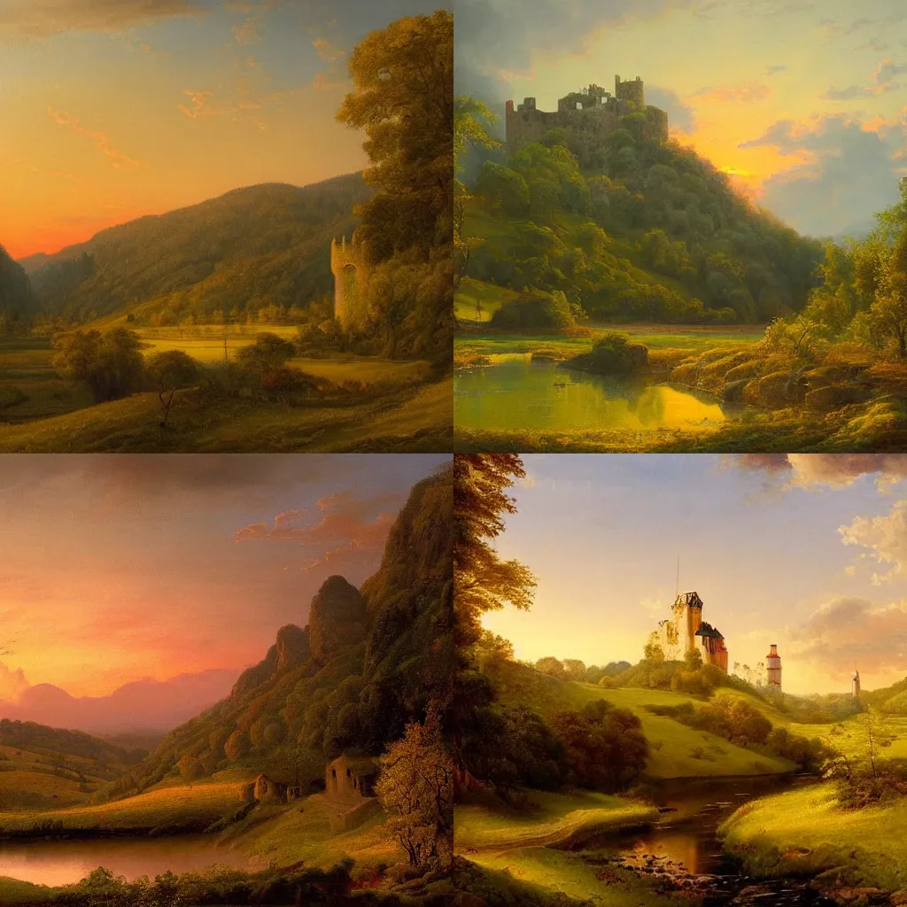 Prompt: beautiful painting by Caspar David Friederich of a flaoting castle at sunset over a lush valley at sunset, golden hour, high quality, 4k, masterpiece