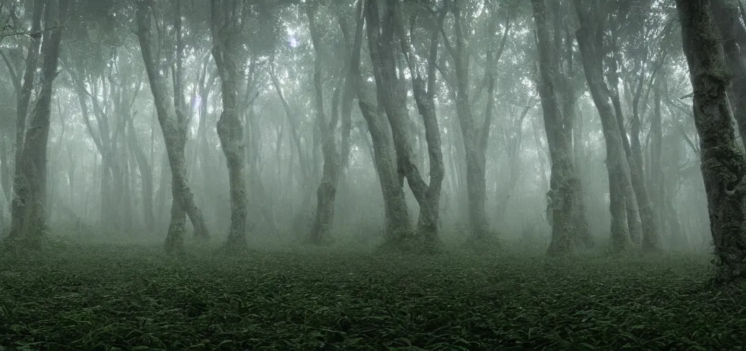 Prompt: a complex organic fractal 3 d ceramic megastructure in a lush forest, foggy, cinematic shot, photo still from movie by denis villeneuve
