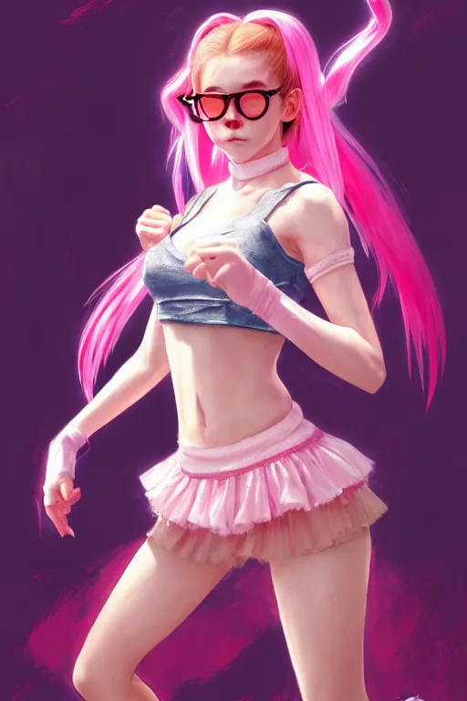 Prompt: Tekken 4 fighter anime Stunning Portrait Belle Delphine with Crop top and pink skirt, Pink Shades, in a fighting stance, digital painting, artstation, concept art, soft light, hdri, smooth, sharp focus, illustration, art by tian zi, craig mullins, Mark Arian, WLOP, alphonse mucha