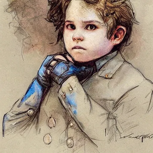 Image similar to ((color sketch)) by Jean-Baptiste Monge !!!!!!!!!!!!!!!!!!!!!!!!!!!!!!!!!!!!! (((((((((((((portrait of boy dressed as steampunk detective wearing leather gloves . muted colors.)))))))))))))