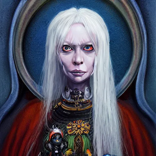 Prompt: portrait of small, cute, rubbery, huge-eyed, big-lipped albino mutant priestess with elaborate white hair with serious expression; science fiction concept art by Anato Finnstark, Margaret Keane, Greg Rutkowski