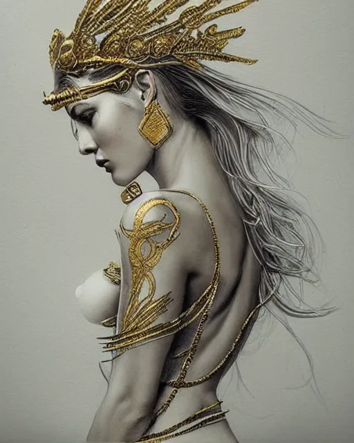 Image similar to tattoo design sketch of hot blonde super model as aphrodite greek goddess wearing a gold laurel wreath and triangle earrings, beautiful piercing gaze with sharp pupils, in the style of greg rutkowski, fantasy, amazing detail, epic, elegant, smooth, sharp focus, front view