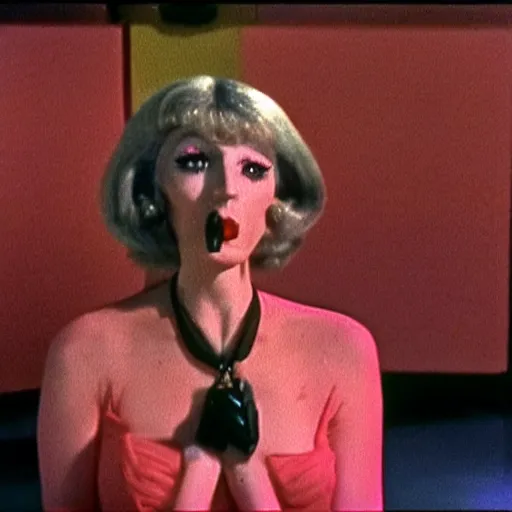 Image similar to 1976 woman on a television show with a long pickle snout nose, big nostrils, wearing a dress, 1976 French film color archival footage technicolor film expired film 16mm Fellini new wave John Waters Russ Meyer movie still