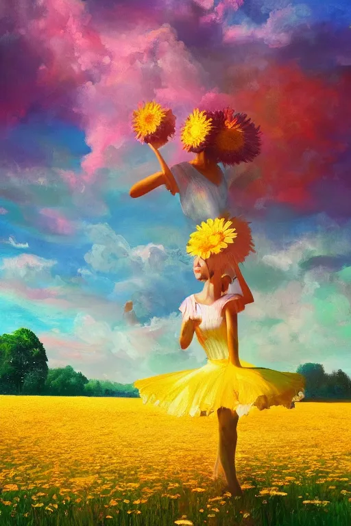 Image similar to giant daisy flower as head, girl dancing in a flower field, surreal photography, sunrise, dramatic light, impressionist painting, colorful clouds, digital painting, artstation, simon stalenhag