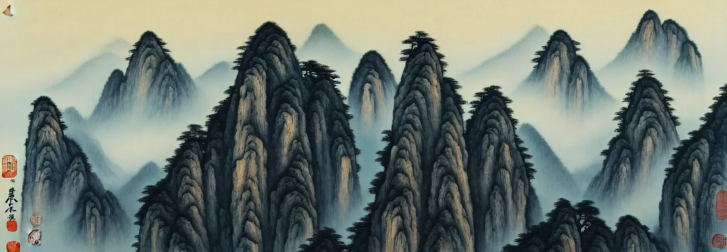 Prompt: chinese shanshui 山 水 painting of huangshan on a foggy day by shenzhou 沈 周