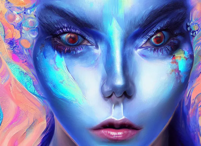 Image similar to A painting of a woman's face with a blue eye, digital art by Android Jones, featured on CGsociety, psychedelic art, Behance HD, Deviantart, Daz3D