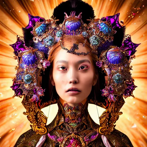 Image similar to a beautiful empress portrait, with a brilliant, impossible striking big cosmic galaxy headpiece, clothes entirely made out of cosmos chaos energy, symmetrical, dramatic studio lighting, rococo, baroque, jewels, asian, hyperrealism, closeup, D&D, fantasy, intricate, elegant, highly detailed, digital painting, artstation, octane render, 8k, concept art, matte, sharp focus, illustration, art by Artgerm and Greg Rutkowski and Alphonse Mucha