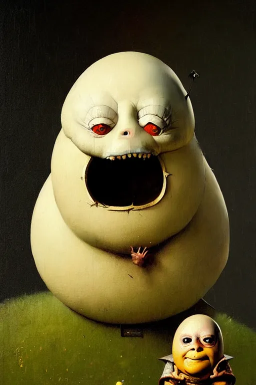 Image similar to hieronymus bosch greg rutkowski, oil painting of humpty dumpty, tweedle dum