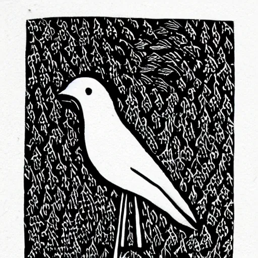 Image similar to block print bird in the style of strawcastle, black ink on white paper