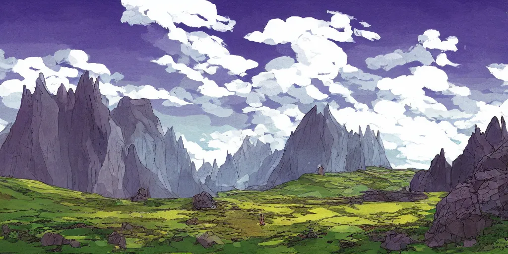 Image similar to Landscape illustration of the Scottish Highlands in the style of Studio Ghibli