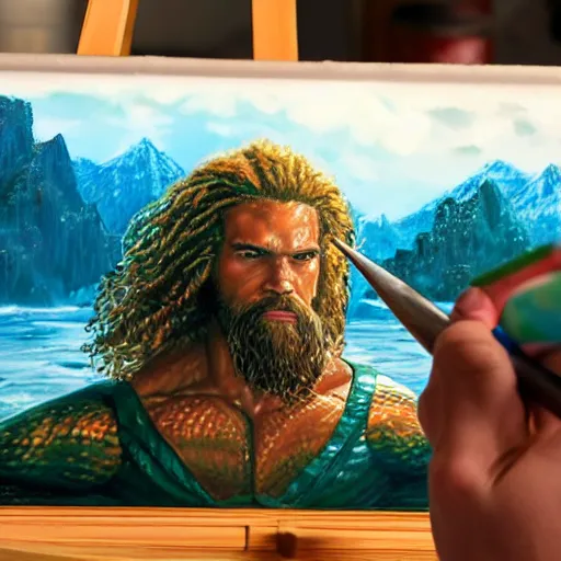 Image similar to a closeup photorealistic photograph of bob ross working on a canvas painting of aquaman. film still. brightly lit scene. mountains and trees. this 4 k hd image is trending on artstation, featured on behance, well - rendered, extra crisp, features intricate detail, epic composition and the style of unreal engine.