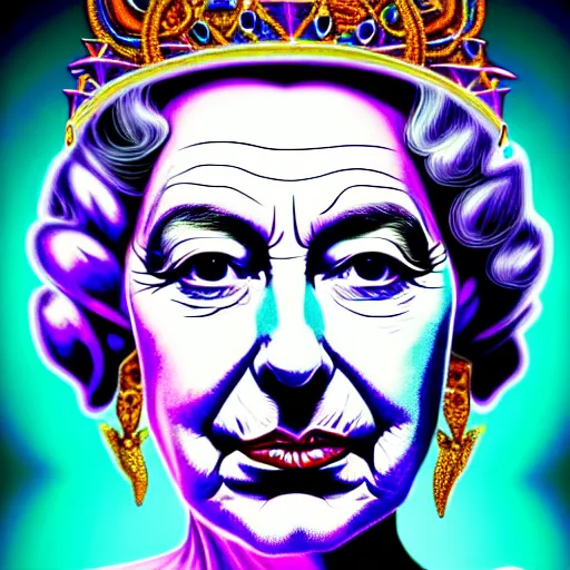 Prompt: An extremely psychedelic portrait of Queen Elizabeth, surreal, LSD, face, detailed, intricate, elegant, lithe, highly detailed, digital painting, artstation, concept art, smooth, sharp, magical, Occult, focus, illustration