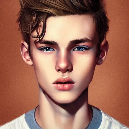 Image similar to colorful Captivating teenage boy with brown blond short quiff hair and thin slightly round facial structure with cleft chin, bumpy nose, good definition of cheekbones, Alert brown eyes, narrow face, slim body, atmospheric lighting, painted, intricate, 4k, highly detailed by Charlie Bowater