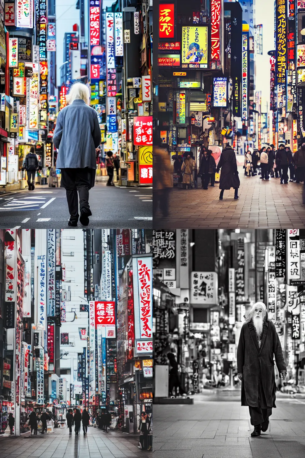 Prompt: Gandalf walking through Akihabara, photograph, landscape, bokeh