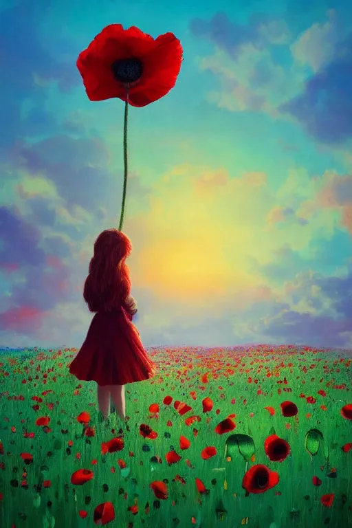 Image similar to closeup, giant poppy flower head, girl standing in a field of flowers, surreal photography, sunrise, blue sky, dramatic light, impressionist painting, digital painting, artstation, simon stalenhag