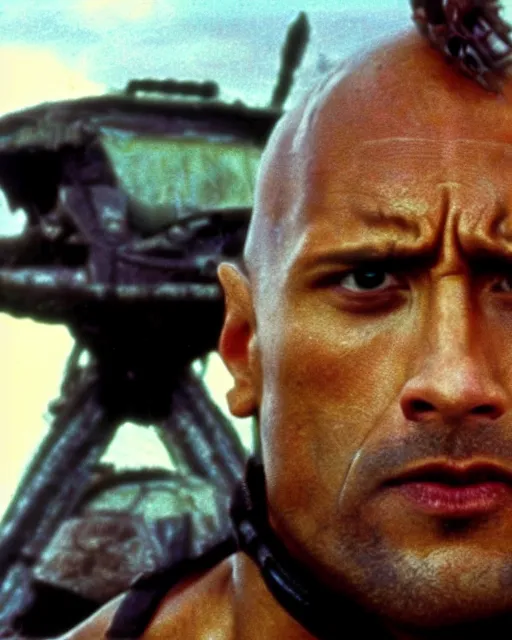 Image similar to film still close up shot of dwayne johnson as max rockatansky in the movie mad max 2 the road warrior. photographic, photography