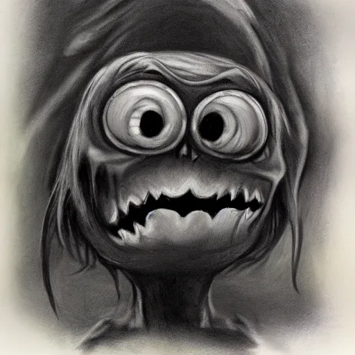 Prompt: a creepy monster, black chalk, professionally illustrated by a kid