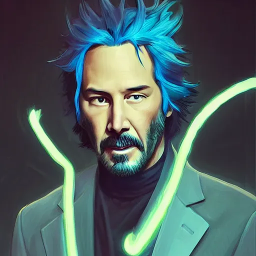 Image similar to keanu reeves as Rick Sanchez, from rick and morty, portrait, highly detailed, digital painting, artstation, concept art, sharp focus, illustration, art by artgerm and greg rutkowski and alphonse mucha