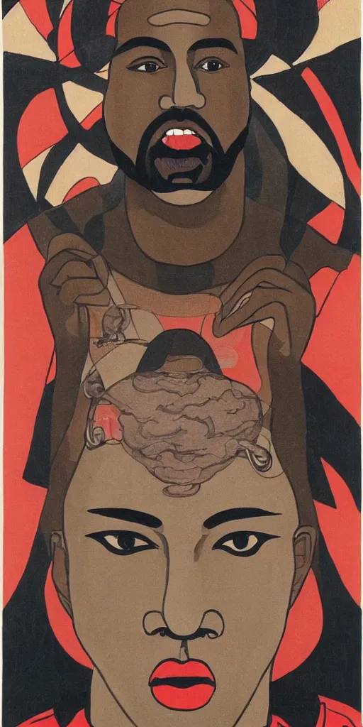 Image similar to a portrait of saint kanye west, kabuki makeup, eating a giant psychedelic mushroom, ukio-e style, symmetrical