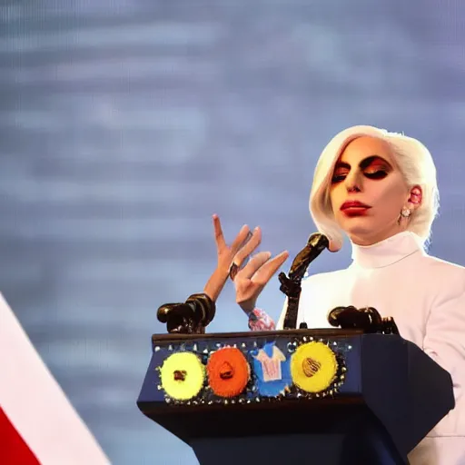 Image similar to Lady Gaga as president, Argentina presidential rally, Argentine flags behind, bokeh, giving a speech, detailed face, Argentina