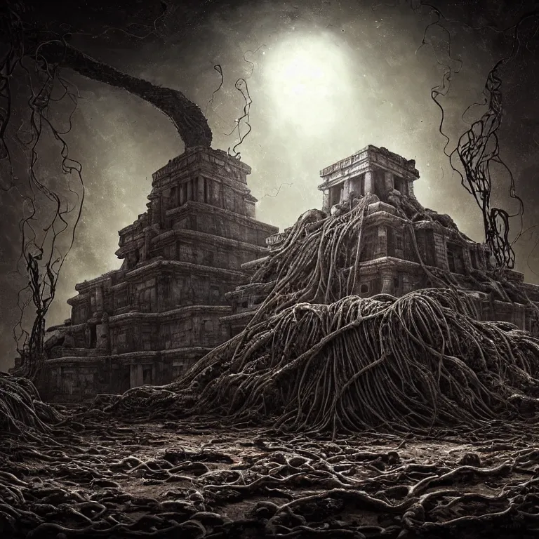 Image similar to still life of abandoned mayan temple on exoplanet, covered with tentacles, roots, wires, tubes, standing in a desolate empty wasteland, lit by a column of light from flying saucer ufo above, baroque painting, creepy, nightmare, dream-like heavy atmosphere, dark fog, darkness, hell, surreal abandoned buildings, baroque painting, beautiful detailed intricate insanely detailed octane render trending on Artstation, 8K artistic photography, photorealistic, chiaroscuro, Raphael, Caravaggio, Beksinski, Giger