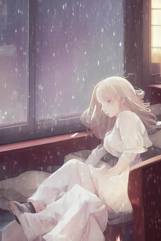 Image similar to a girl in a maid's outfit in the bedroom a night, raining outside the window, wavy white long hair, by krenz cushart and mucha and akihito yoshida and greg rutkowski and makoto shinkai and rella, detailed eyes, 4 k resolution