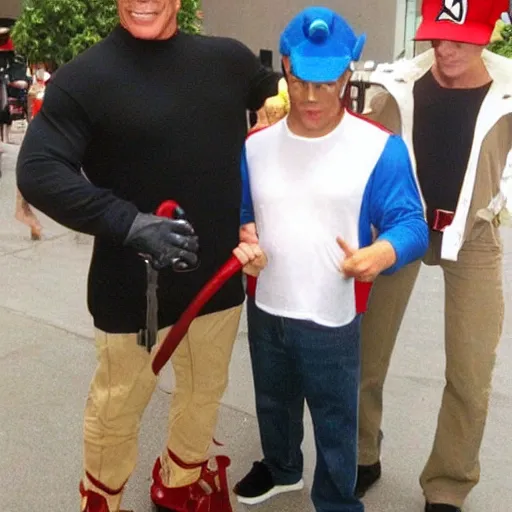 Prompt: Arnold Schwarzenegger dressed up as Ash Ketchum, sceme from the film Pokemon Terminator Trainer