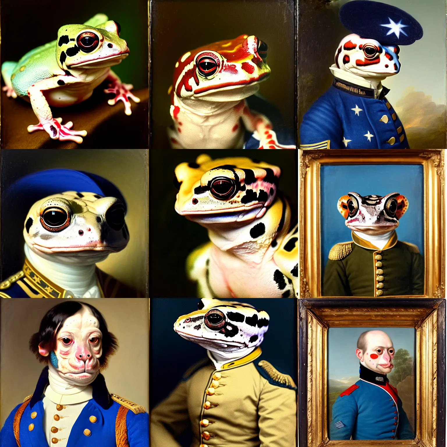 Prompt: a head - and - shoulders portrait of an amazon milk frog wearing a blue continental army uniform without a hat, an american romanticism painting, oil on canvas, cgsociety, soft focus