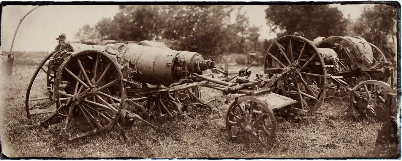 Prompt: spaghetti next to a 1 2 - pounder howitzer cannon, american civil war, tintype, small details, intricate, 5 0 mm, cinematic lighting, photography, wes anderson, film, kodachrome