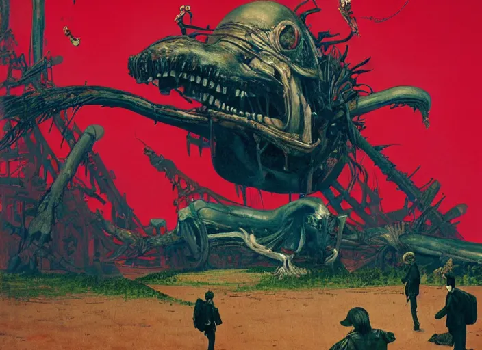 Prompt: attack on titan, giant mickey mouse in style of francis bacon, tristan eaton, victo ngai, edward hopper and norman rockwell, zdzislaw beksinski, by greg rutkowski, exotic vegetation, vibrant red background, whale skeleton, a still from the film alien, hyperrealism