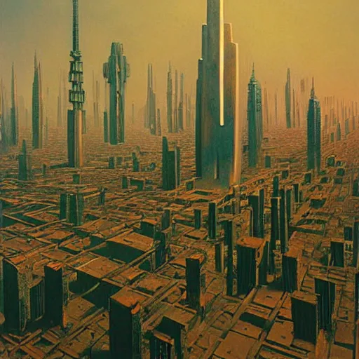 Prompt: Painting of a cyberpunk City by Zdzisław Beksiński