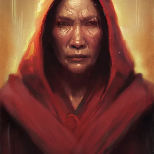 Prompt: portrait of a woman by greg rutkowski, jedi queen, half asian, black bob hair, star wars expanded universe, she is about 5 0 years old, wearing jedi red robes.