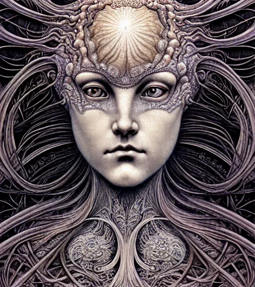 Image similar to detailed realistic beautiful twilight goddess face portrait by jean delville, gustave dore, iris van herpen and marco mazzoni, art forms of nature by ernst haeckel, art nouveau, symbolist, visionary, gothic, neo - gothic, pre - raphaelite, fractal lace, intricate alien botanicals, ai biodiversity, surreality, hyperdetailed ultrasharp octane render