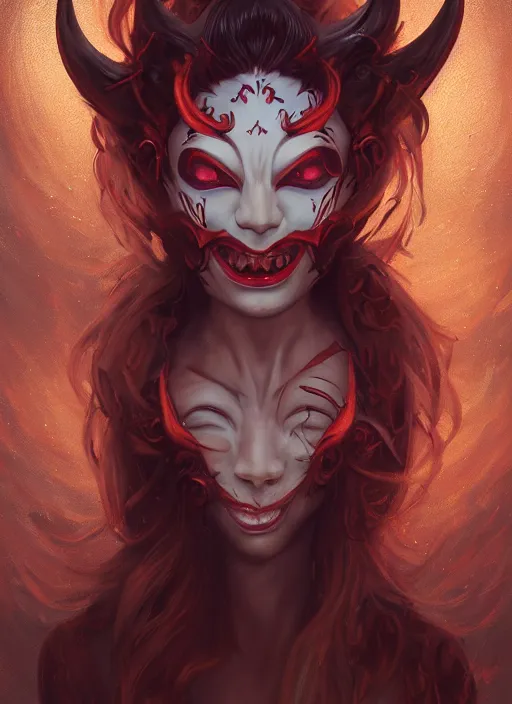 Image similar to a beautiful detailed oil on copper art illustration of a japanese ikazuchi mask devil woman, the mask is broken, centered, by charlie bowater, zeng fanzh, trending on artstation, dim dusk lighting, cinematic lighting, detailed lighting, volumetric lighting, realistic, f 8, 4 k hd wallpaper