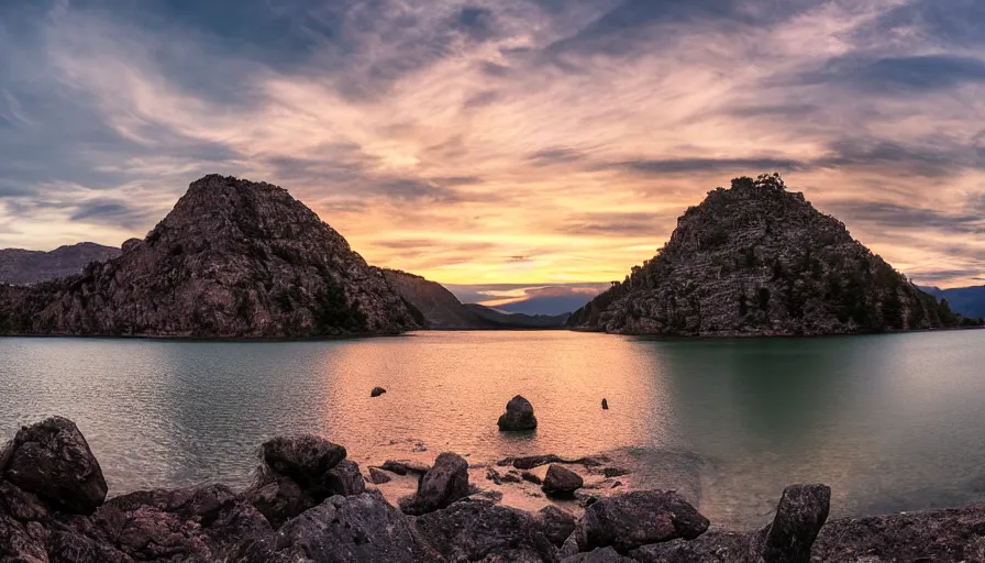 Prompt: cinematic wide shot of a lake with a rocky foreground, sunset, a bundle of rope is in the center of the lake, leica, 2 4 mm lens, 3 5 mm kodak film, f / 2 2, anamorphic