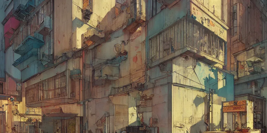 Prompt: neo brutralism, concrete housing, concept art, colorful, vivid colors, light, shadows, reflections, oilpainting, cinematic, 3D, in the style of Akihiko Yoshida and Edward Hopper