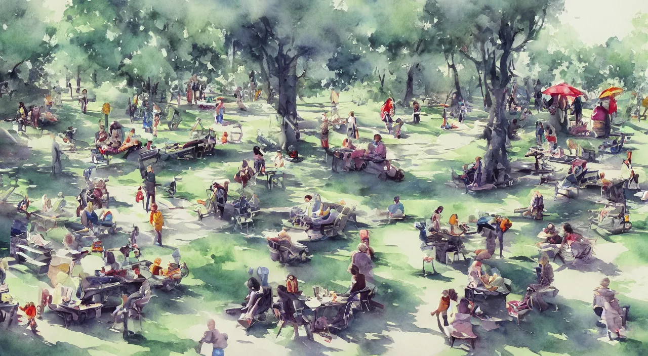 Image similar to Busy day at the park, high quality watercolors, award winning, trending on ArtStation