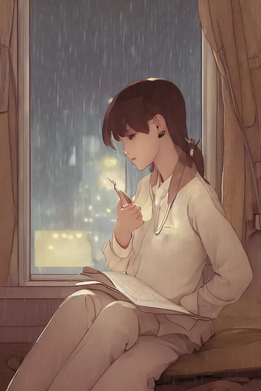 Prompt: a teenage girl with white short hair in a jk uniform outfit in the bedroom reading a book in a night, raining outside the window, grey and orange theme, by krenz cushart and mucha and greg rutkowski and makoto shinkai, detailed eyes, 4 k resolution