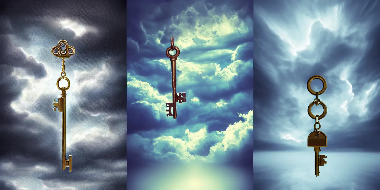 Prompt: Clouds. Storm. Key in the clouds. Levitating key. Floating key. Clouds in the shape of a key. Door key. Fantasy, digital painting, HD, 4k, detailed, artwork, bloom, lighting.