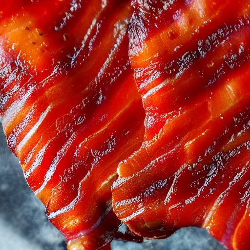 Prompt: macro photography of bacon covered in a maple Sriracha glaze