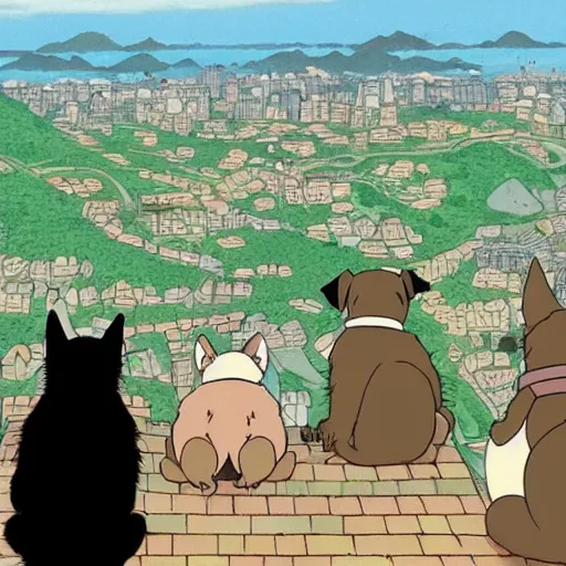 Image similar to a black cat fursona and pug dog fursona looking out over a city, Miyazaki, studio ghibli