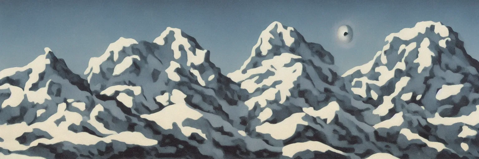 Prompt: mountains with snow oil painting magritte