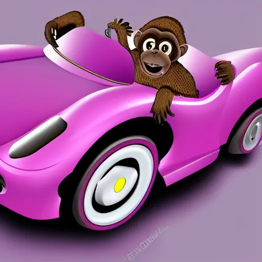 Image similar to monkey driving a purple Ferrari, photorealistic