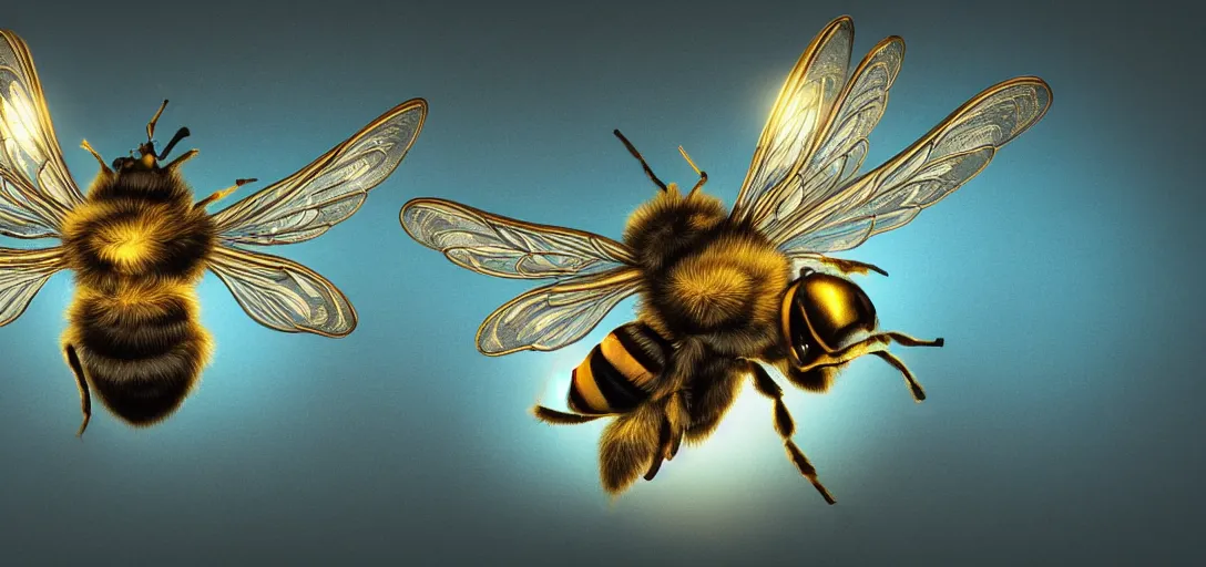 Image similar to An epic, ornate, highly detailed painting of a bee with back-lit translucent glowing angels wings, rim light, volumetric lighting, octane render, 8k