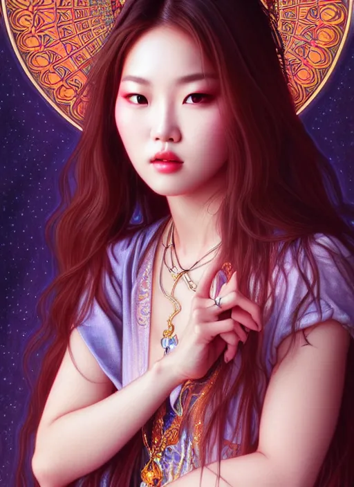 Image similar to roseanne park of blackpink, goddess, tarot card, highly detailed, digital painting, smooth, sharp focus, illustration, ultra realistic, 8 k, art by artgerm and alphonse mucha