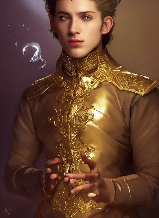 Image similar to character concept portrait of an attractive young princely Spanish wizard with golden skin enchanting a mutilating curse, a floating iridescent spell book in the center, intricate, elegant, digital painting, concept art, smooth, sharp focus, illustration, from Metal Gear, by Ruan Jia and Mandy Jurgens and William-Adolphe Bouguereau, Artgerm