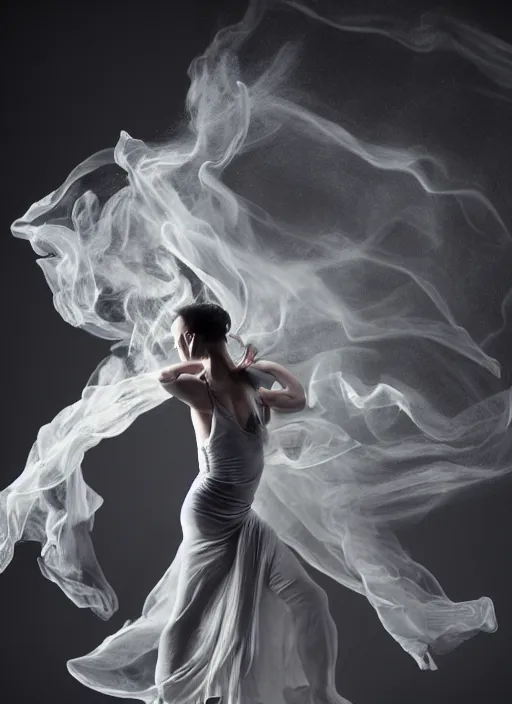 Image similar to a Photorealistic dramatic hyperrealistic render of a beautiful Female smoke dancer by Ken Brower and Deborah Ory of NYC Dance project,Lois Greenfield,Flowing cloth and smoke,Beautiful dynamic dramatic dark moody lighting,volumetric,shadows,cinematic atmosphere,Octane render,8K