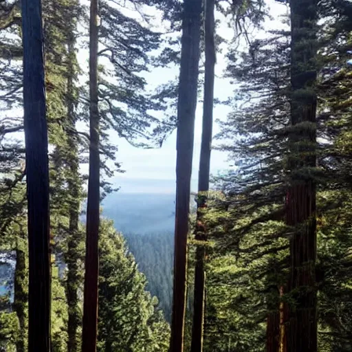 Prompt: view from the top of tree of redwood forest looking at the rest of the forest, swaying trees, windy, waves, rippling trees